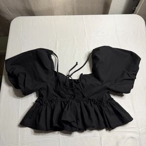 Kimchi Blue Puff Sleeve Peplum Crop Top Black Tie Back Womens S Y2K